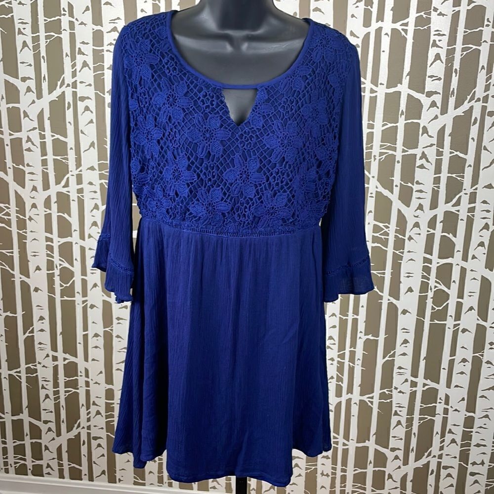 Navy blue gauze 3/4 ruffle sleeve boho dress with embroidered lace front sz M